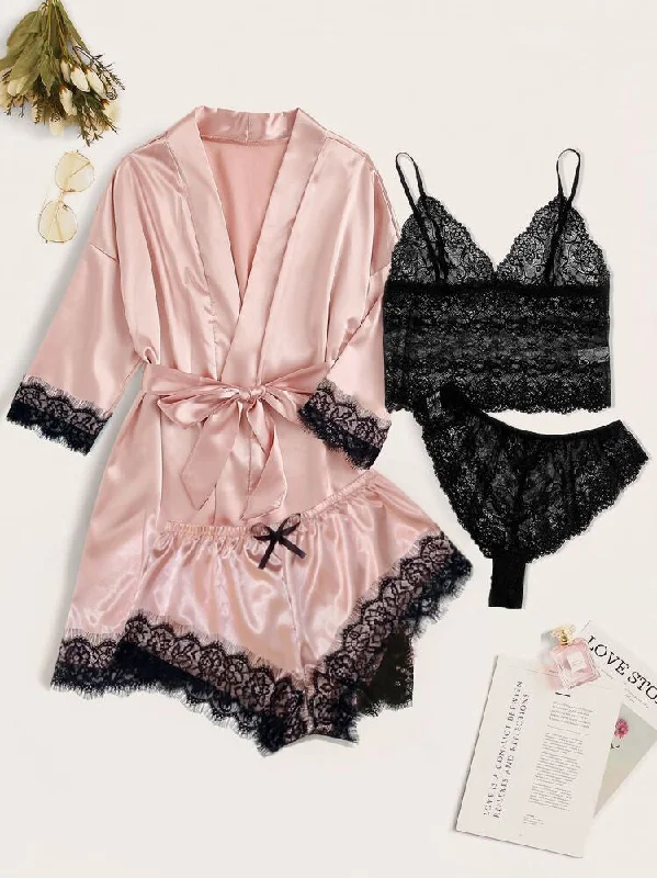 white women sexy lingerie for purityPink Lace Lingerie Sexy Sleepwear With Silk Belted Robe