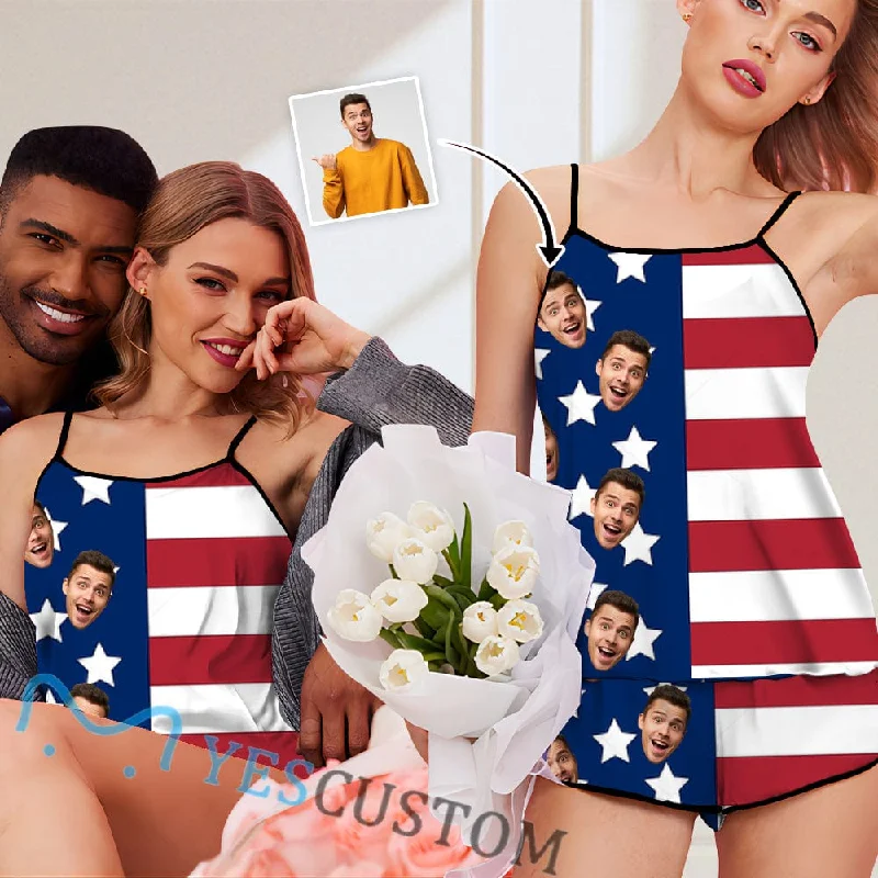 fitted women's sleepshirts for a more tailored lookCustom Face Pajamas Stars Strips Flag Sexy Nightwear Personalized Women's Sexy Cami Pajama Set