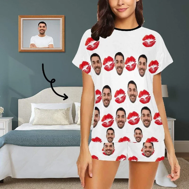 women's nightgowns with a ruffled hem[Limited Time Discount - Lowest Price] Custom Face Pajamas Red Lips Print Sleepwear Personalized Women's Short Pajama Set For Her