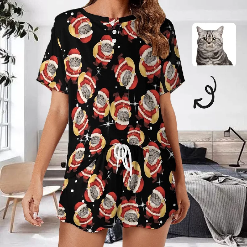 women's nightgowns for a girls' slumber party【Discount - limited time】Custom Pet Face Cat Santa Claus Black Pajama Set Women's Short Sleeve Top and Shorts Loungewear Athletic Tracksuits