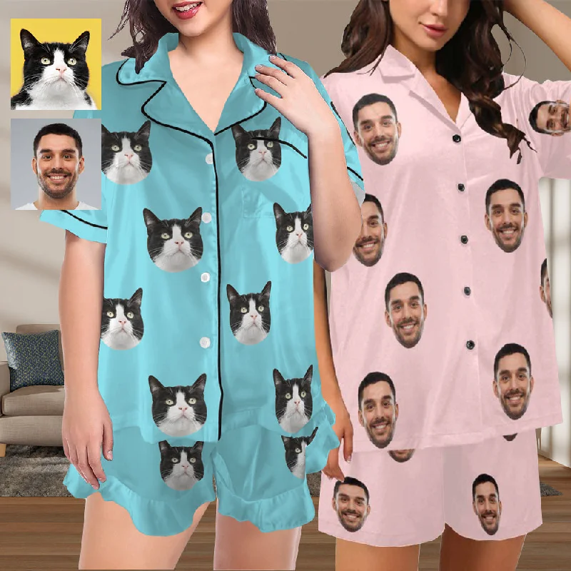 women's sleepshirts with a satin - trimmed neckline[Up To 4 Faces] Custom Face Pajama Set Solid Color Loungewear Personalized Photo Sleepwear Women's V-Neck Short Pajama Set