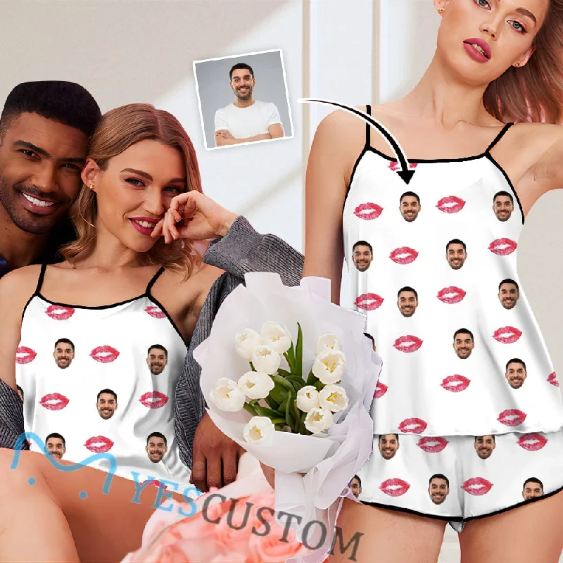 crew neck women's sleepshirts for a classic stylePersonalised Ladies Pajamas Sexy Red Lips Sleepwear Custom Women's Sexy Cami Pajama Set Honeymoon Anniversary Gift