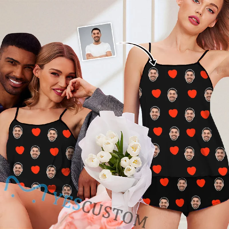 women's nightgowns with a loose fit for comfort[Instagram & TikTok Hot Selling] Custom Husband Face Cami Pajamas With Love Black Personalized Women's Sleepwear Set Honeymoon Gift