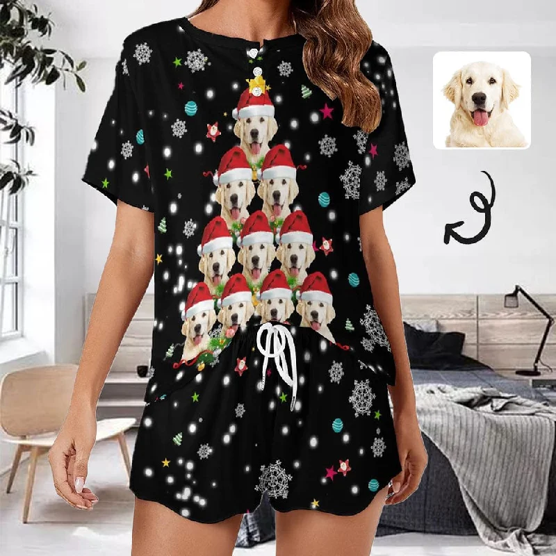 women's nightgowns with a thermal - regulating feature【Discount - limited time】Custom Pet Face Christmas Dog Tree Black Pajama Set Women's Short Sleeve Top and Shorts Loungewear Athletic Tracksuits