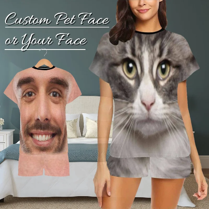 women's nightgowns with a ruffled hemPRICE DROP-Custom Face Pet Pajamas Gray Cute Kitty Loungewear Personalized Photo Women's Short Pajama Set