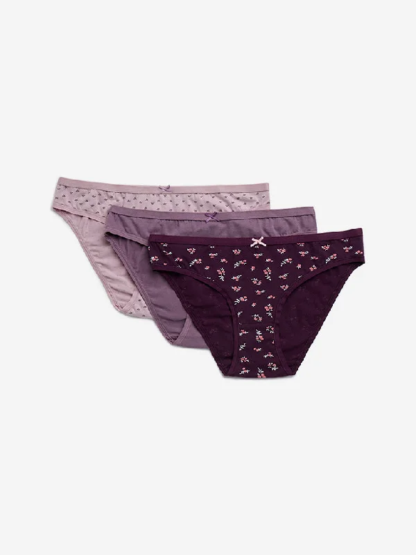 thong style women bikini briefs for minimal coverageWunderlove Violet Cotton Blend Bikini Briefs - Pack of 3