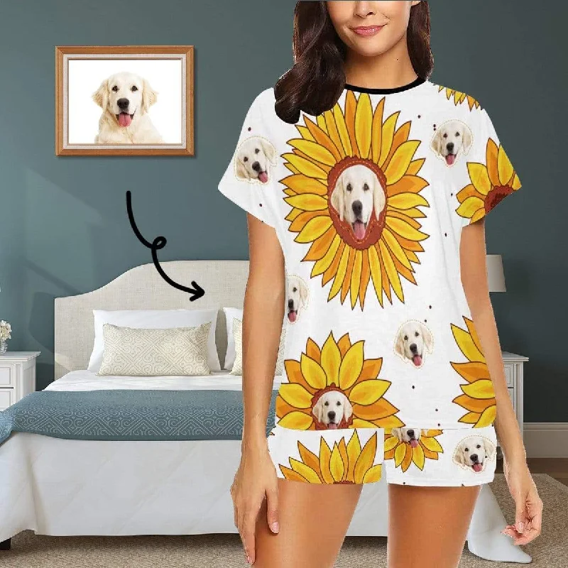 short sleeve women's sleepshirts for summerPRICE DROP-Custom Womens Short Pajamas Yellow Sunflower Loungewear Face Personalized Women's Short Pajama Set