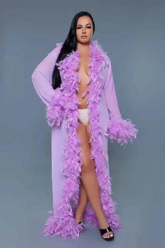 satin women robes for a smooth feelGlamour Robe Lavender with Feather trim