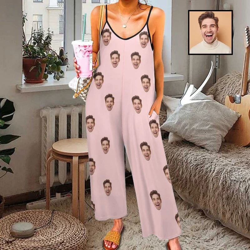 women's sleepshirts with a thermal liningPersoanlized Sleepwear Custom Photo Funny Loungewear With Faces On Them Women's Suspender Jumpsuit Loungewear