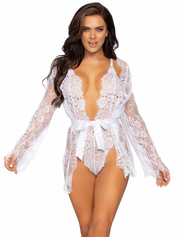 women robes with moisture - wicking fabric3 Pc Lace Teddy, Matching Robe and Tie White