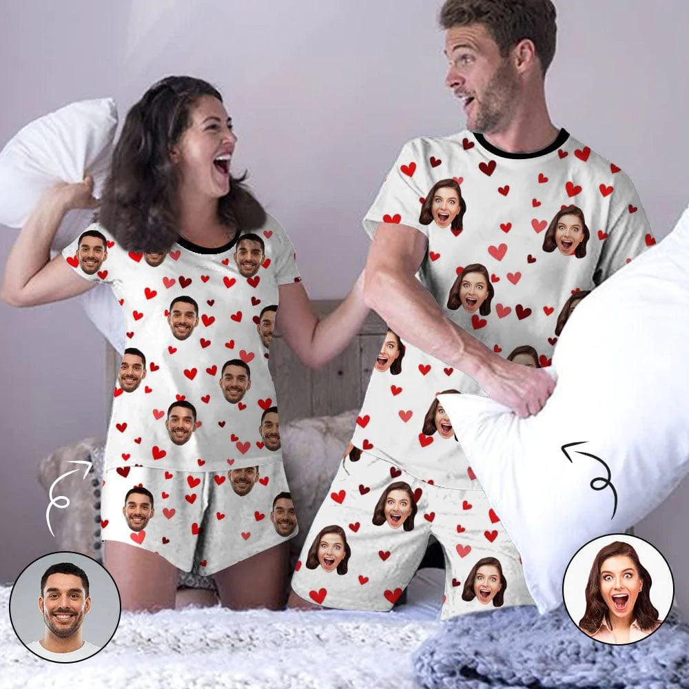 women's nightgowns with a nautical themePRICE DROP-Custom Face Couple Pajamas Personalized Red Heart Couple Matching Crew Neck Short Pajama Set