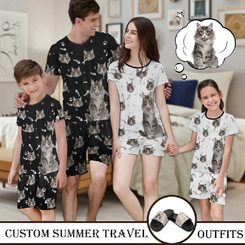 women's nightgowns with a thermal - regulating feature[Special Sale] Custom Cat Photo Fish Bones & Paw Prints Summer Travels Outfits - Short Sleeve Pajama Set & Slippers