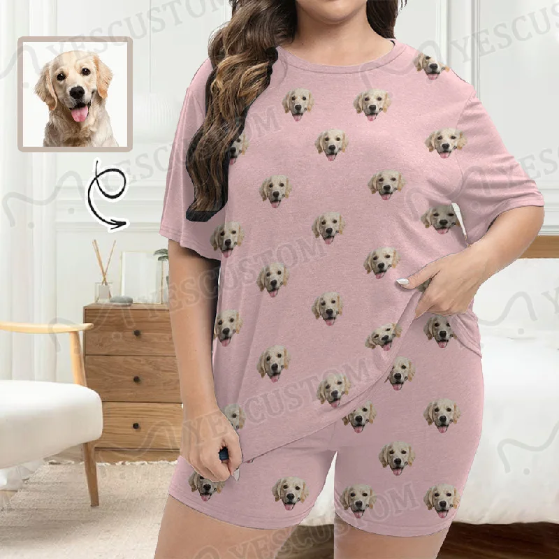 women's sleepshirts with a removable beltPlus Size Two-Piece Comfy Pajama Set For Women Custom Face Pink Short Sleeve Crew Neck Casual Loungewear