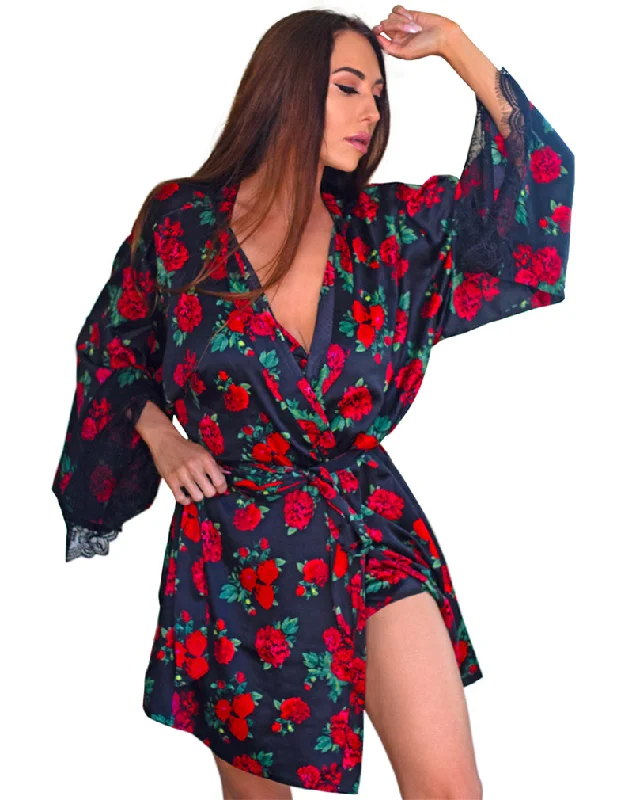 open - front women robes for easy wearLovely Lies 2911 Rose Print Kimono Robe