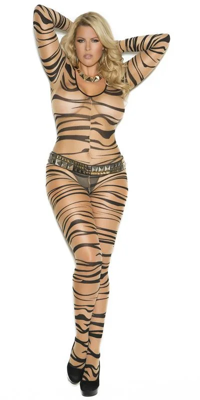 plus size women sexy lingerie bodysuitsSexy Plus Size Sheer Zebra Long Sleeve Bodystocking