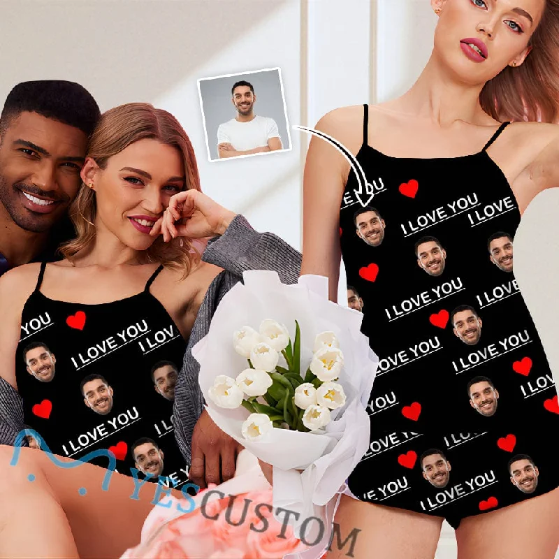 crew neck women's sleepshirts for a classic style[Instagram & TikTok Hot Selling] Custom Husband Face Sleeveless Nightshirt With Red Love & I Love You Personalized Women's Slumber Party Sexy Cami Pajamas Set