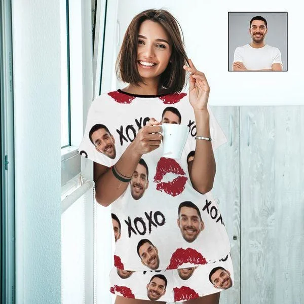 women's nightgowns with a V - neck designCustom Husband Face Nightwear Personalized XOXO Red Lips Women's Pajama Set For Wife or Girlfriend