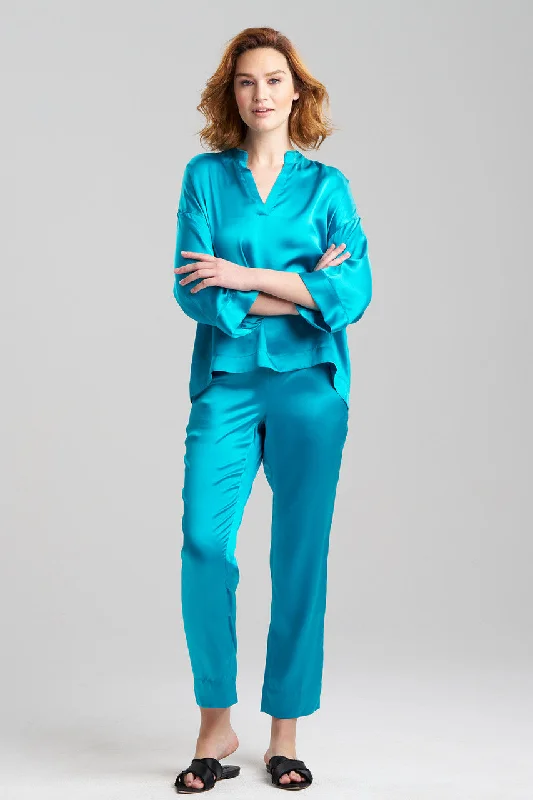 women's pajama sets with a satin - finished fabricKey Essentials Mandarin Silk PJ