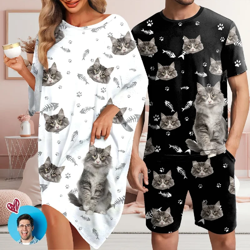 women's nightgowns with a hypoallergenic materialPersonalized Pet Cat Face Men Sleepwear&Women's Oversized Sleep Tee Custom Cat Crew Neck Couple Matching Short Pajama Set