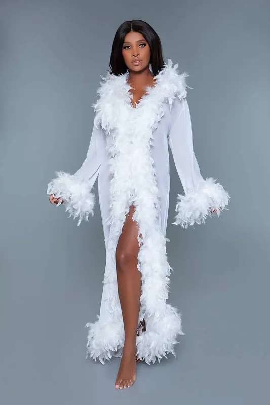 long - length women robes for full coverageGlamour Robe White with feather trim