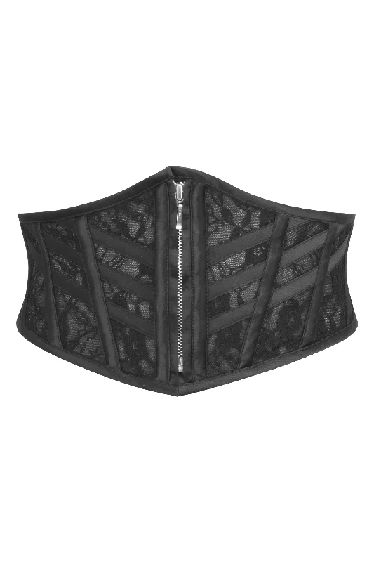 hypoallergenic women bustiers and corsetsJOSIE BLACK SATIN AND LACE WASPIE BELT WITH FAN LACING