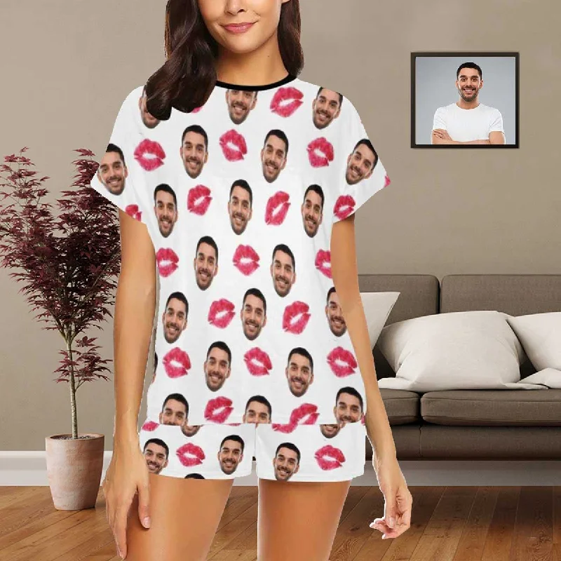 women's nightgowns with a vintage - inspired design[Limited Time Discount - Lowest Price] Custom Face Pajamas Your Red Lips Sleepwear Personalized Women's Short Pajama Set