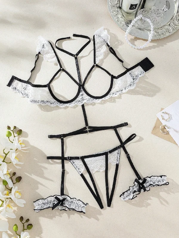 removable strap women sexy lingerieClassic Sexy Floral Lace Underwire Garter Lingerie Set