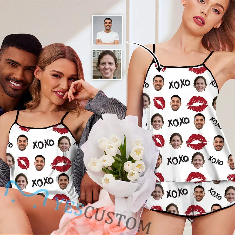 women's nightgowns with a vintage - inspired designCustom Couple Face Pajamas Red Lips Sleepwear Personalized Women's Sexy Cami Pajamas Set