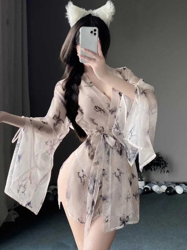 women robes with pockets for convenienceButterfly Print Kimono Style Robe