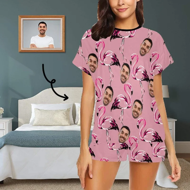 women's nightgowns with a color - blocking pattern[Limited Time Discount - Lowest Price] Custom Face Pajamas Flamingo Sleepwear Personalized Women's Short Pajama Set Nightwear Gift