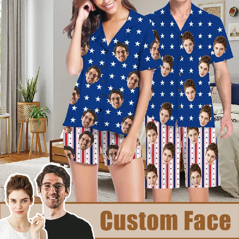 fitted women's sleepshirts for a more tailored lookCustom Face Couple Matching Pajamas USA Flag Personalized Couple Matching V-Neck Short Pajama Set