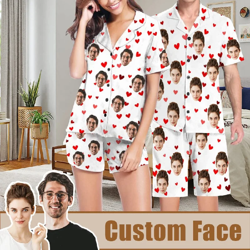 women's nightgowns made of organic materials[Couple Pajamas] Custom Face Pajamas Red Love Summer Loungewear Personalized Couple Matching V-Neck Short Pajama Set