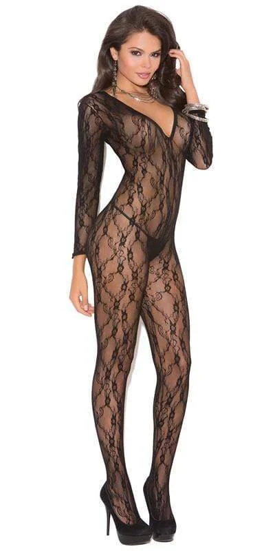 see through women sexy lingerie stylesSexy Blow Black Long Sleeve Deep V Plunge Bodystocking