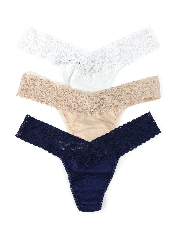 seamless thong - style swimwear for a smooth beach look3 Pack Supima® Cotton Low Rise Thongs with Lace White/Chai/Navy