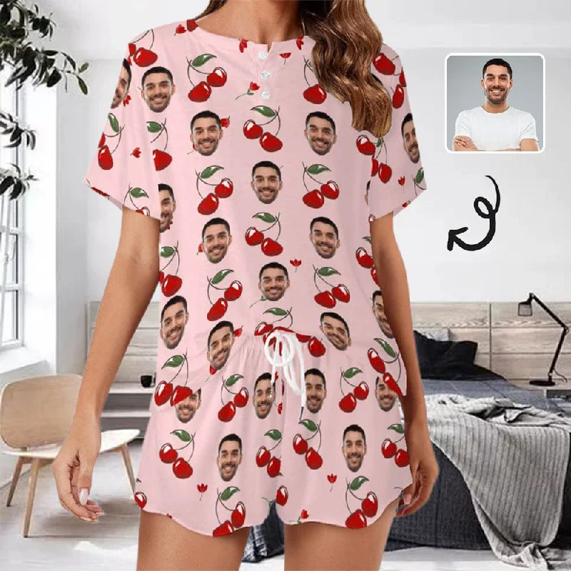 crew neck women's sleepshirts for a classic style【Discount - limited time】Custom Face Cherry Pink Pajama Set Women's Short Sleeve Top and Shorts Loungewear Athletic Tracksuits