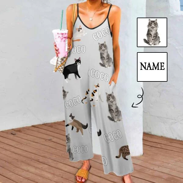 eco - friendly women's sleepshirts for sustainabilityPersoanlized Sleepwear Custom Photo & Name Loungewear with Cat Picture On Them Women's Suspender Jumpsuit Loungewear