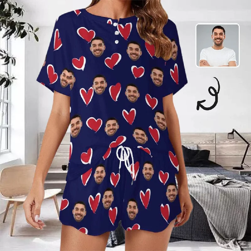 women's nightgowns with a nautical theme【Discount - limited time】Custom Face Heart Blue Pajama Set Women's Short Sleeve Top and Shorts Loungewear Athletic Tracksuits