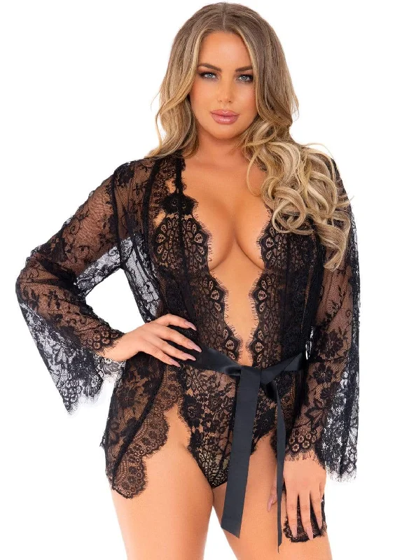 women robes for a romantic evening in3 Pc Lace Teddy, Matching Robe and Tie Black