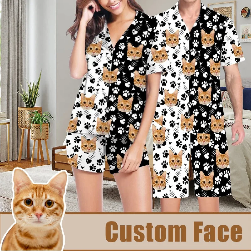 women's silk nightgowns for luxurious sleepPersonalized Pet Face Pajama Set Women Men Summer Pajamas Custom Cute Cat Couple Matching V-Neck Short Pajama Set