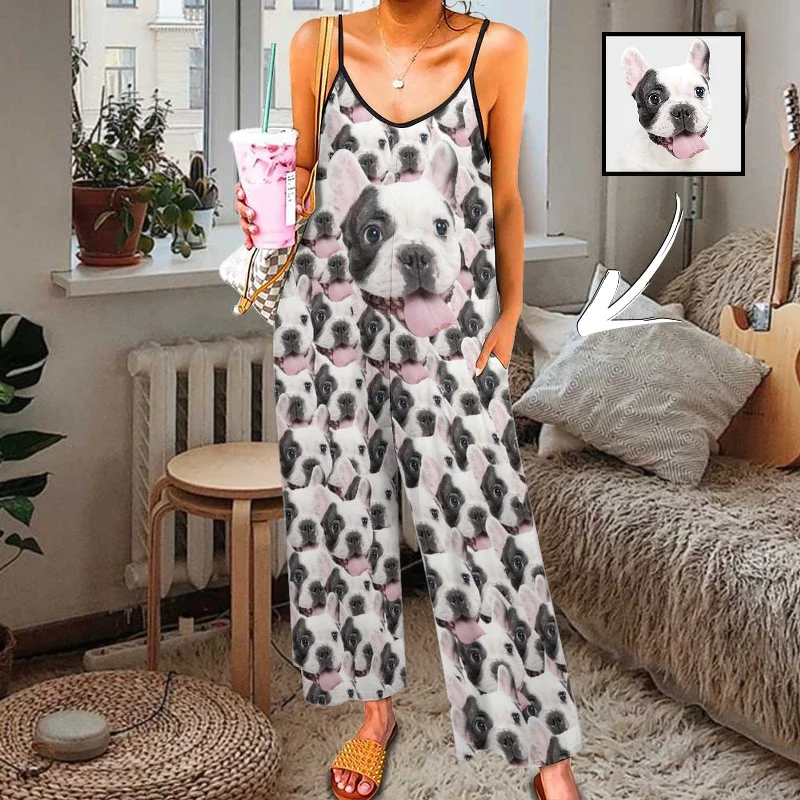 women's nightgowns with a matching robePersoanlized Sleepwear Custom Photo Funny Loungewear With Pet's Faces On Them Women's Suspender Jumpsuit Loungewear