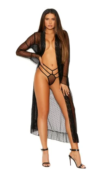 women robes for a stylish hospital stayLong Sleeve Mesh Robe and G-String Set Black