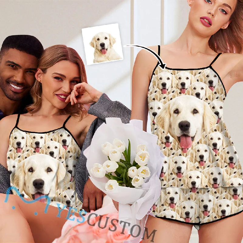 women's sleepshirts with a geometric patternCustom Seamless Face Pajamas Pet Dog Sleepwear Personalized Pet Face Women's Sexy Cami Pajamas Set