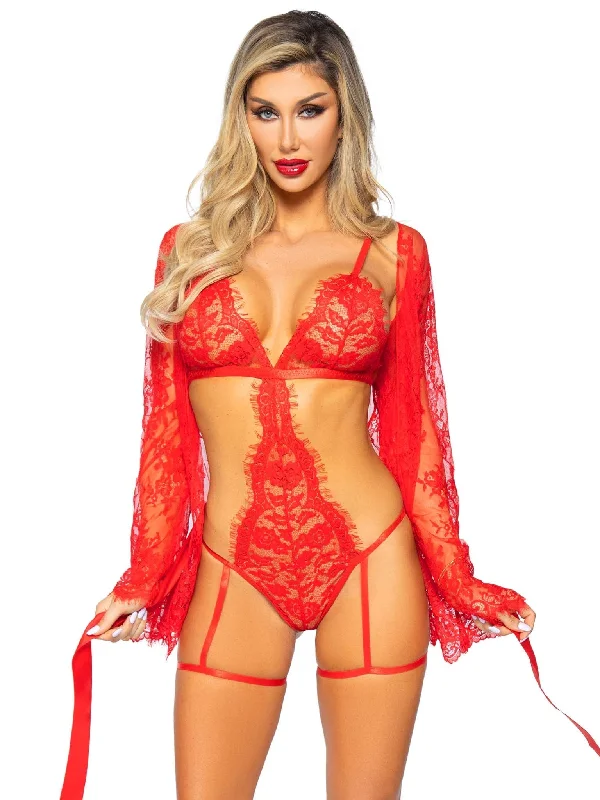 women robes with a dropped - shoulder design3 Pc Lace Teddy, Robe and Tie Red