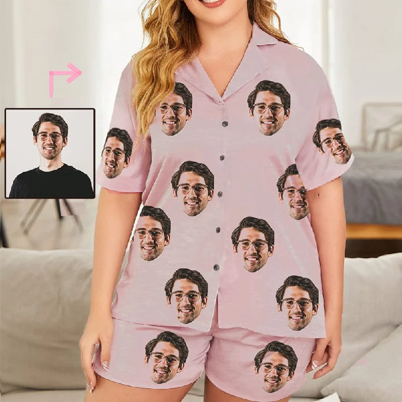 women's nightgowns with a hypoallergenic material#Plus Size Pajama Set-[Up To 4 Faces] Custom Face Solid Color Loungewear Personalized Photo Sleepwear Women's V-Neck Short Pajama Set