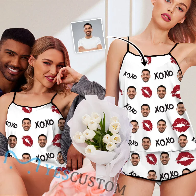 women's nightgowns with a sheer panelCustom Face Pajamas Red Lips Sleepwear Personalized Women's Sexy Cami Pajamas Set