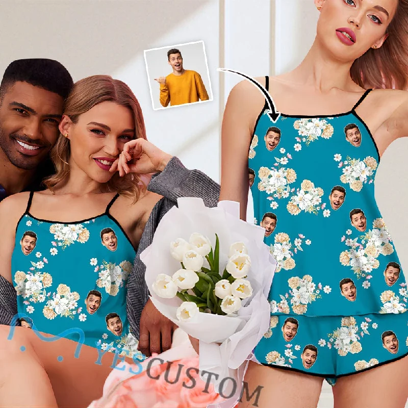 pullover women's sleepshirts for easy wearCustom Face Pajamas Blue floral Print Comfy Soft Sleepwear Personalized Women's Sexy Cami Pajama Set