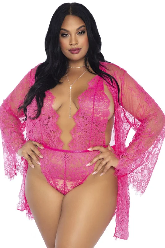 women robes for a spa - like experience at homePlus Size Lace Teddy and Robe Set