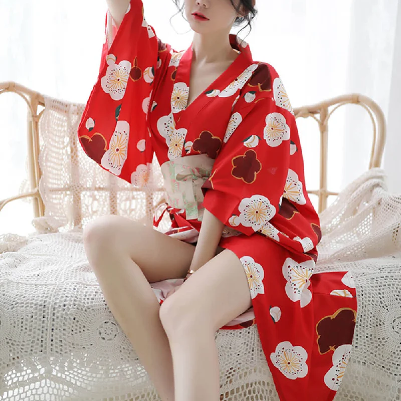 plus size women robes for a perfect fitJapanese Sakura Girl Kimono Sleepwear Deep V-neck Satin Floral Printed Nightwear Bath Robe Costume