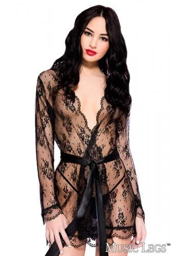 women robes with a geometric print for a trendy lookSheer Lace Robe with Butterfly Sleeves Black