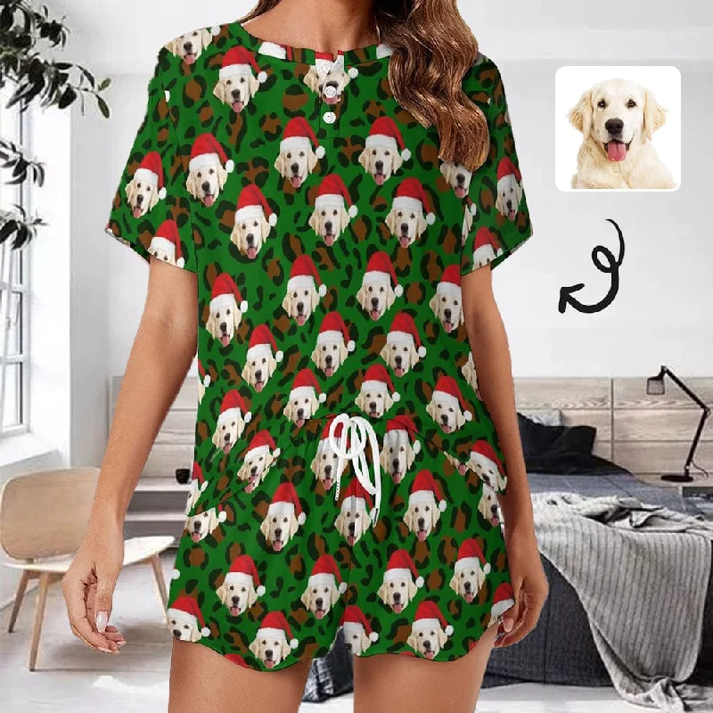 women's nightgowns with a hypoallergenic material【Discount - limited time】Custom Pet Dog Face Leopard Print Green Pajama Set Women's Short Sleeve Top and Shorts Loungewear Athletic Tracksuits